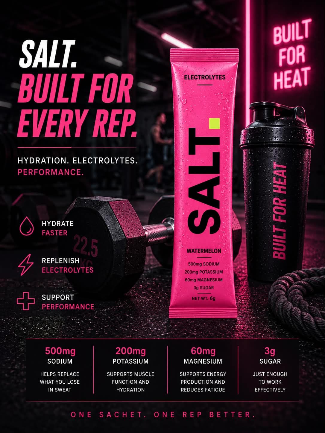 SALT. Built for every rep. — Watermelon sachet in the gym. One sachet. One rep better.