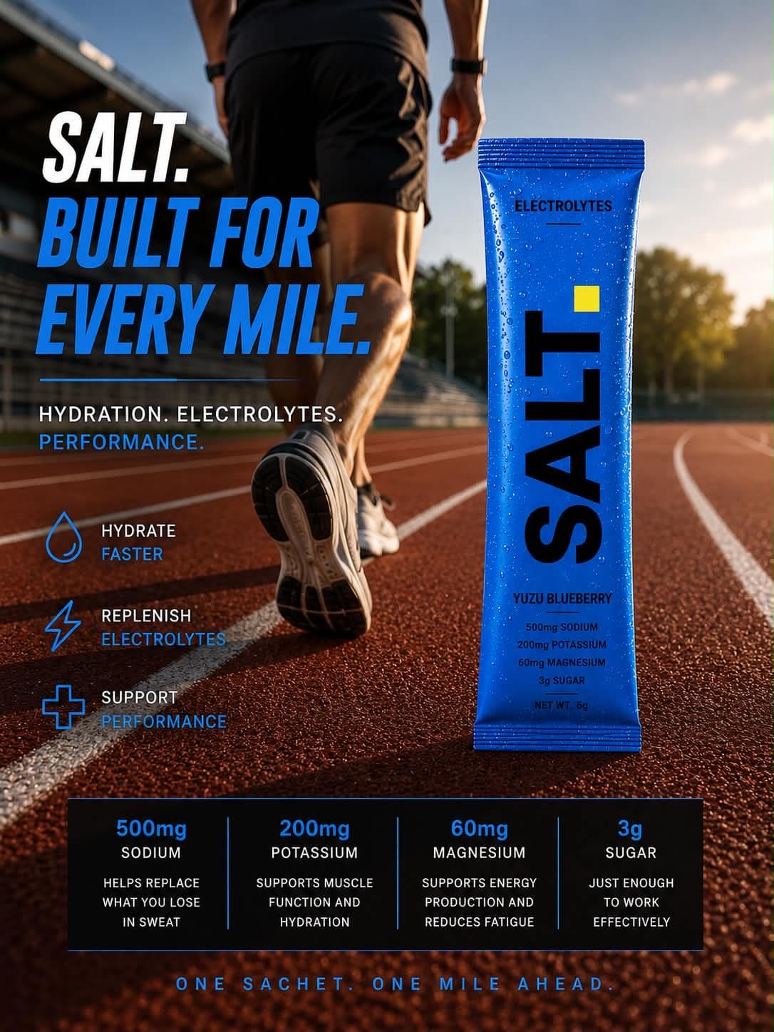 SALT. Built for every mile. — Yuzu Blueberry sachet on a running track. One sachet. One mile ahead.
