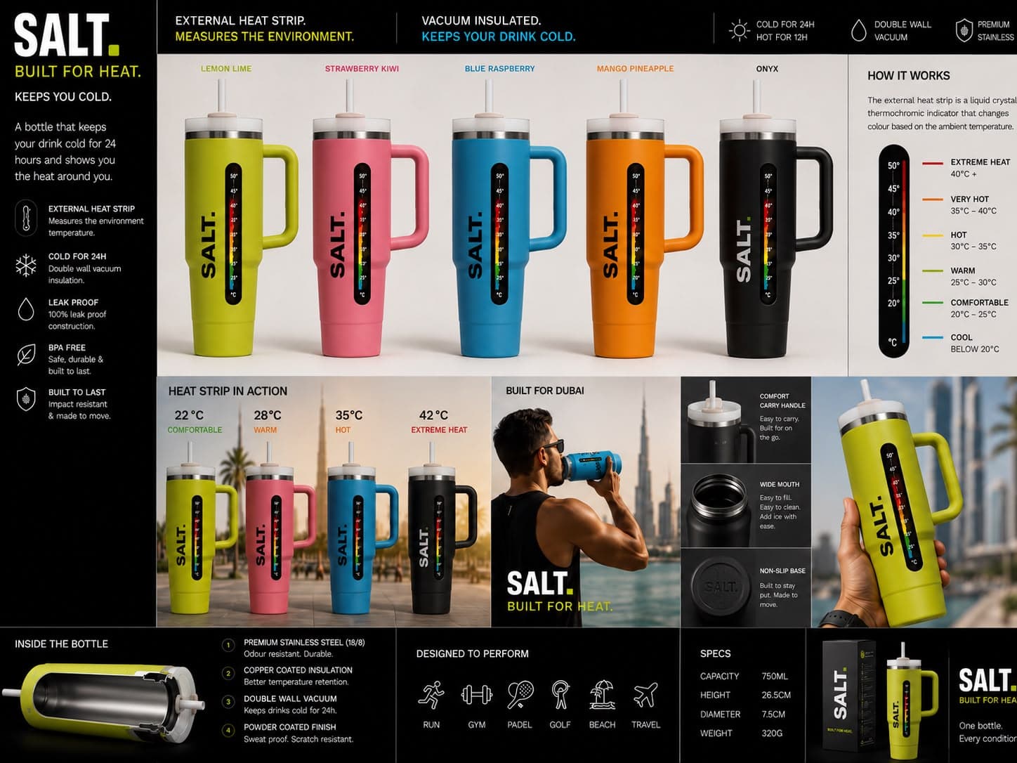 The SALT insulated tumbler range — Sour Apple, Watermelon, Yuzu Blueberry, Desert Orange and Onyx — showing the colour-changing external heat strip, shot in Dubai.